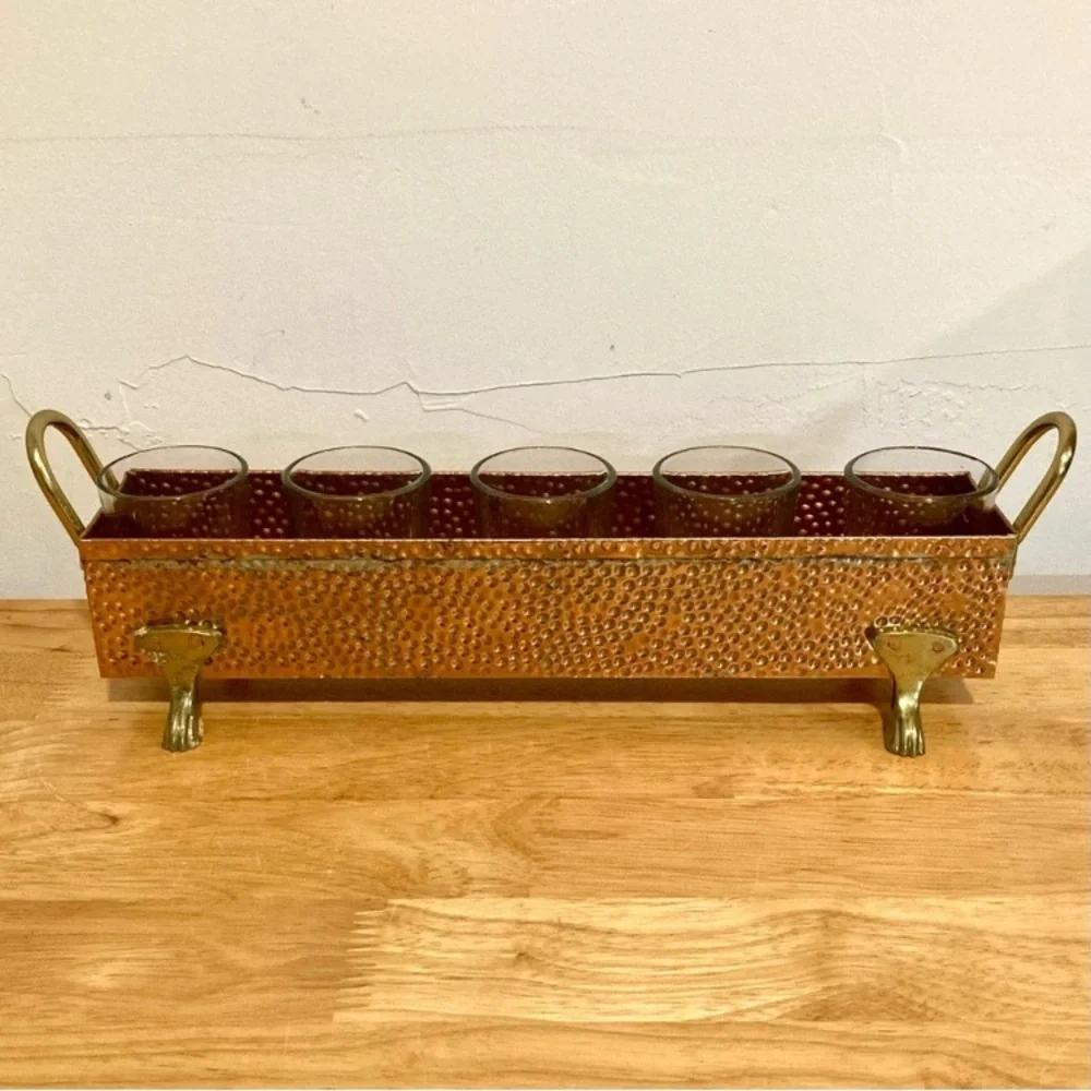 Hammered Metal Footed Container with 5 Glass Votive Holders Used Copper Colored - Picture 5 of 15